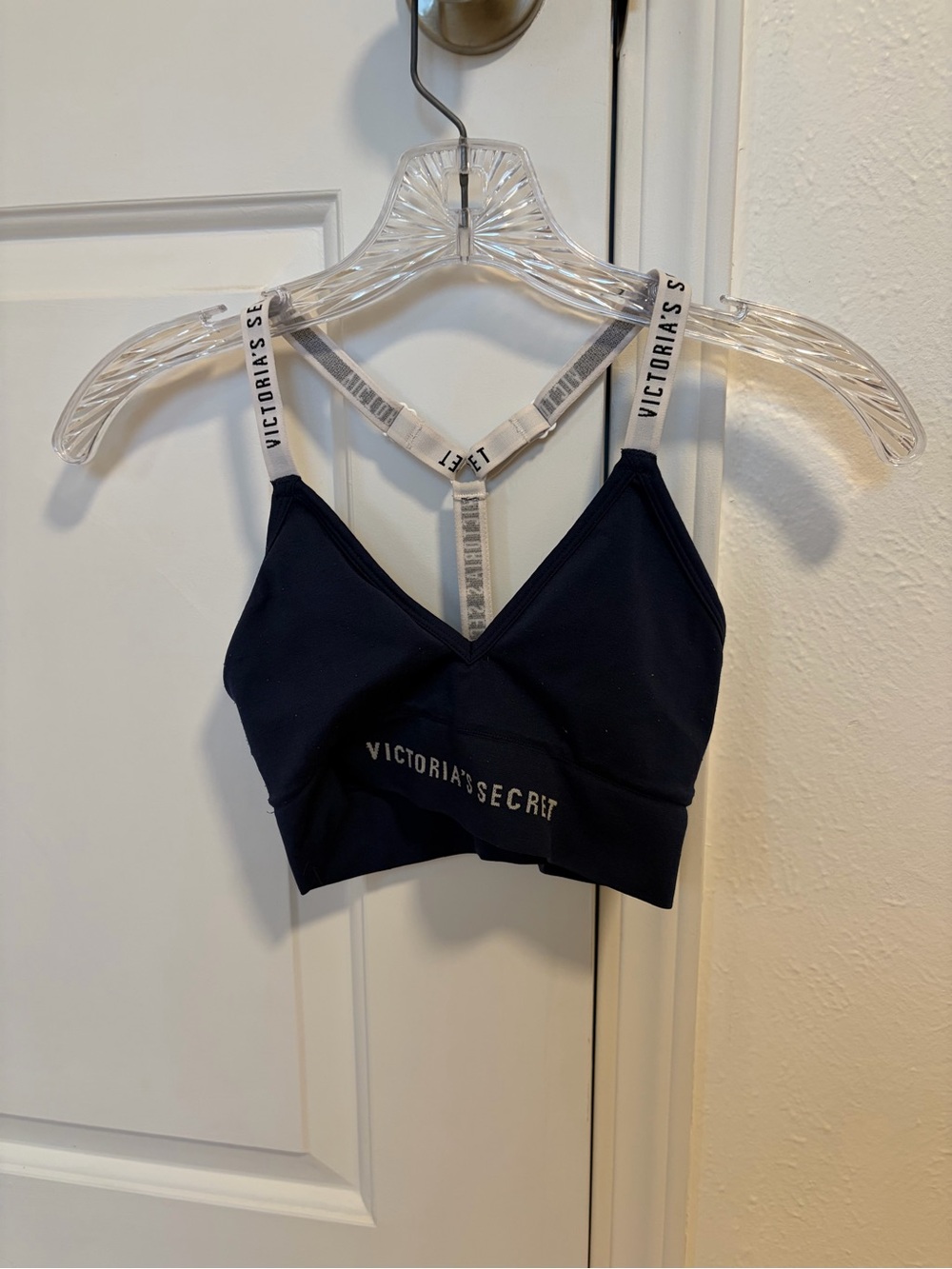Victoria's Secret Navy Blue Logo Sports Bra with White Straps